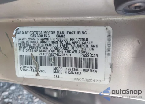 2004 Toyota Corolla Le z USA, uszkodzony, nr VIN 2T1BR38E74C208601